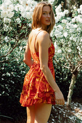 Geordie Ruched Bust Frill Trim Dress Floral Print Red Multi